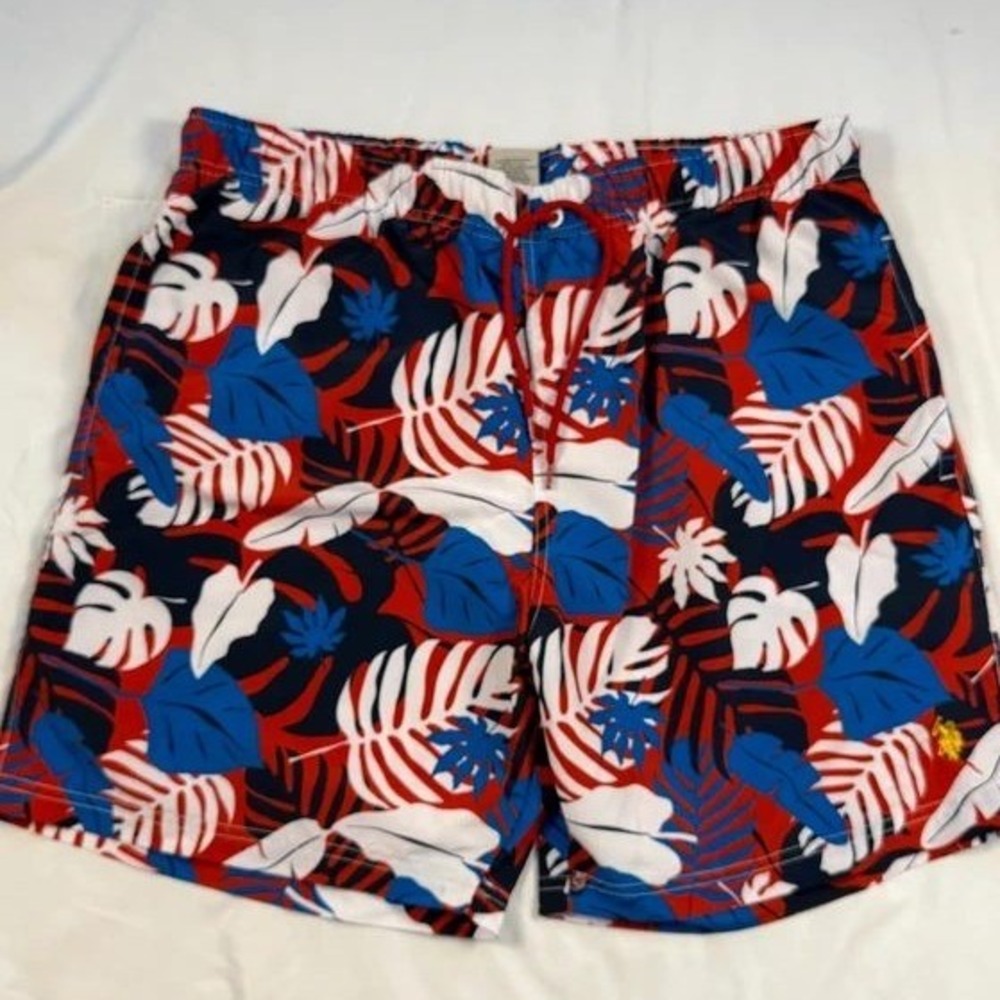 US Polo Assn Mens Swim Trunks Red White Blue Tropical Leaf Board Shorts XL